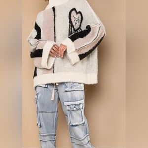 POL Oversized Heart Fringe Soft Sweater